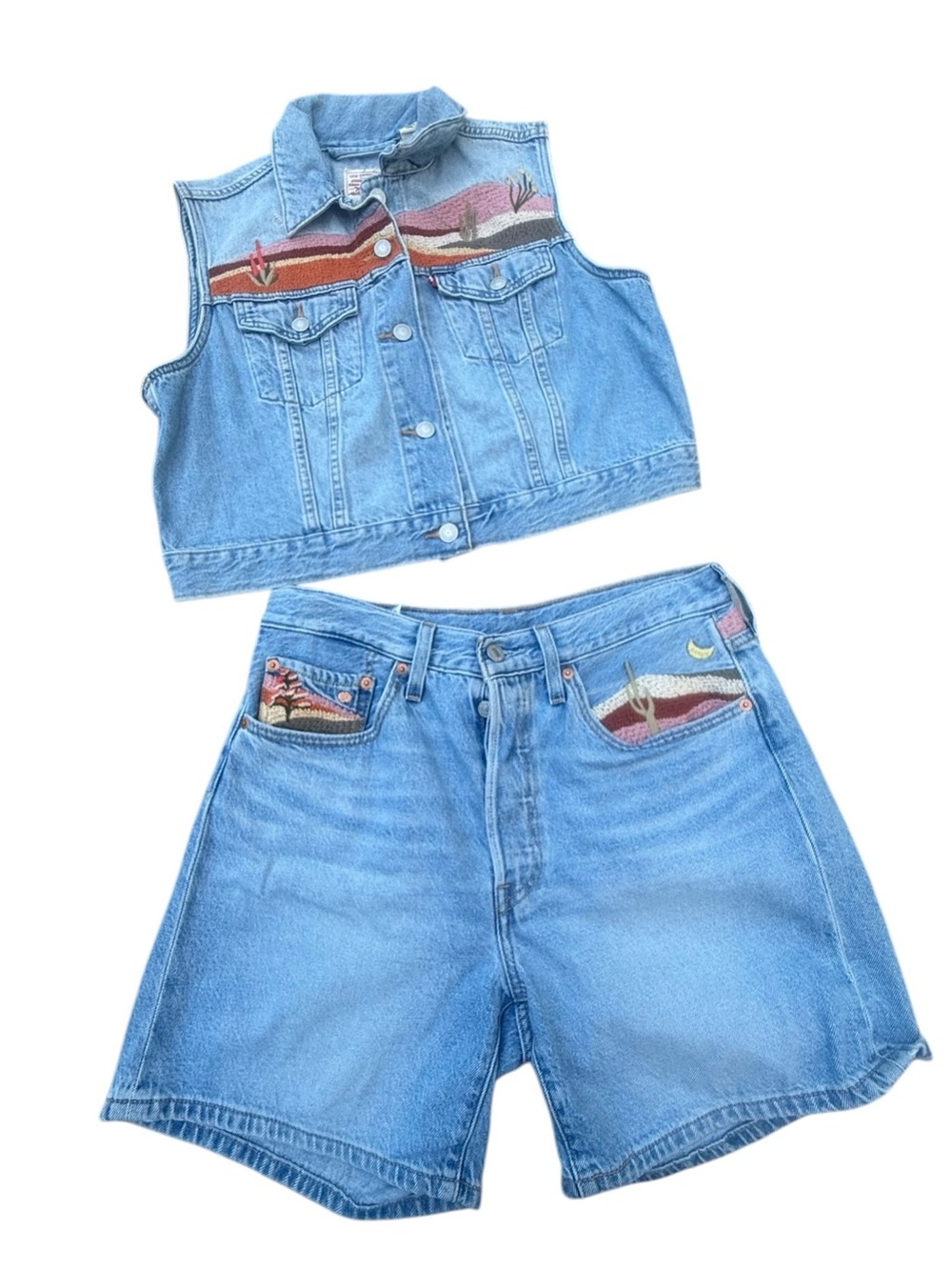 Levi's Light Blue Desert Utopia Embroidered Denim Vest and 501 90’s Jeans Set
